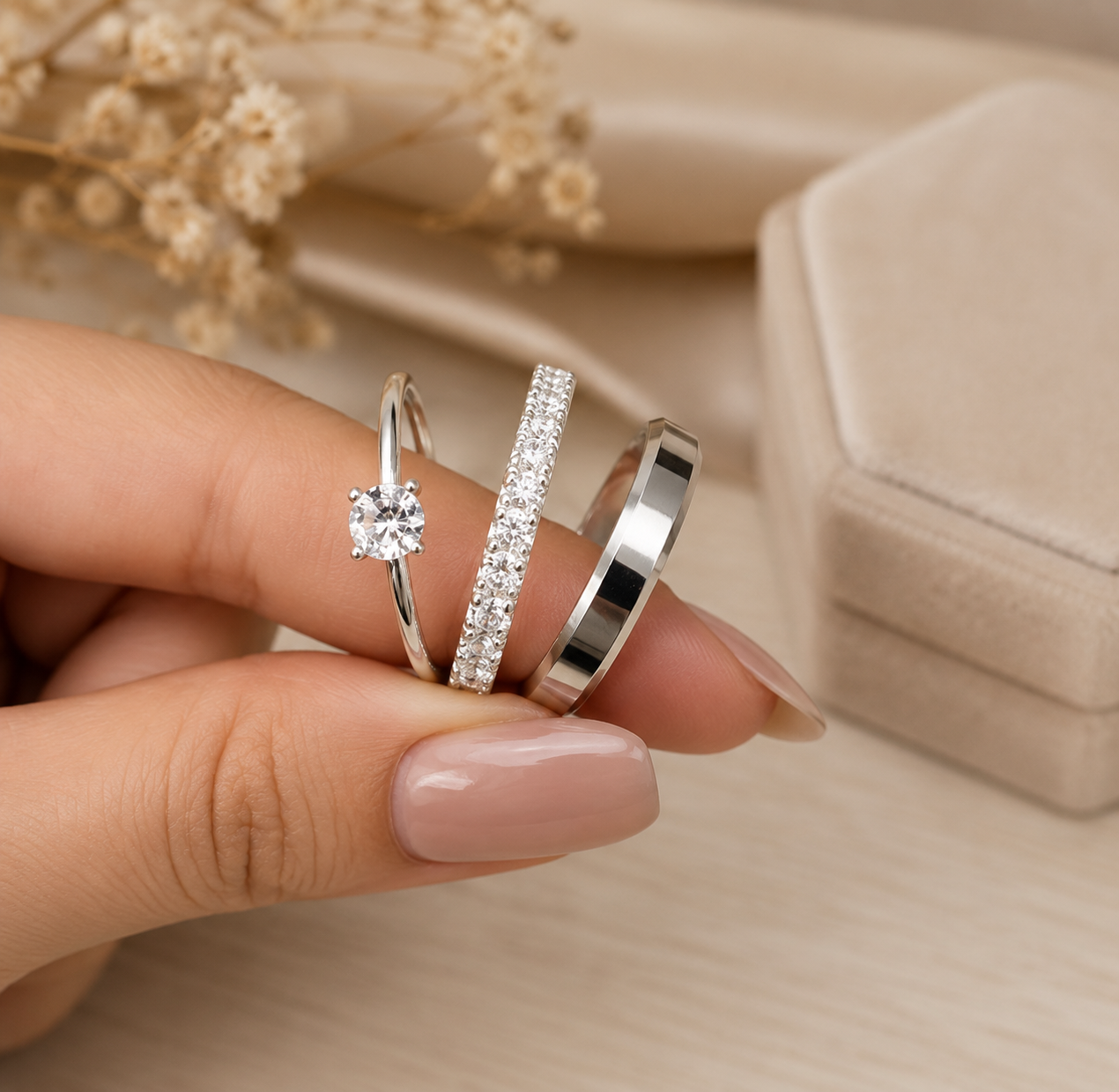 Par de Alianças Modelo Gaby em Prata 950: Meia Volta Cravejada 2,5mm + Liso Chanfrado 4mm + Anel Solitário