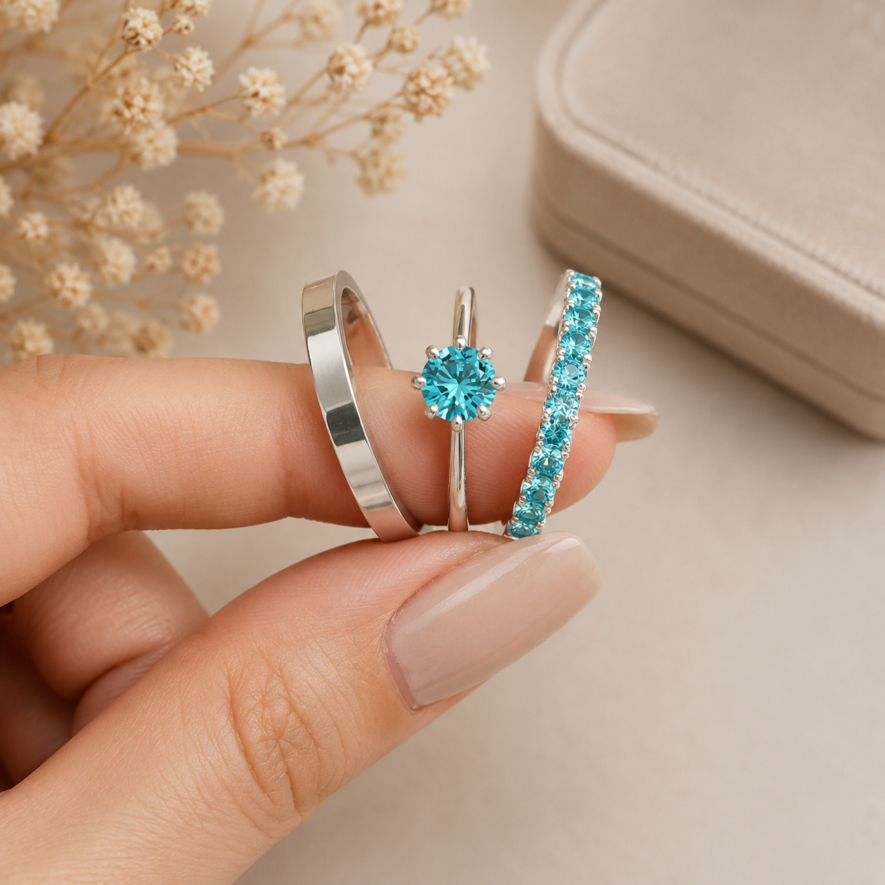 Par de Alianças Modelo Arraial em Prata 950 (2,5mm) com Pedras Azuis + Anel Solitário Azul