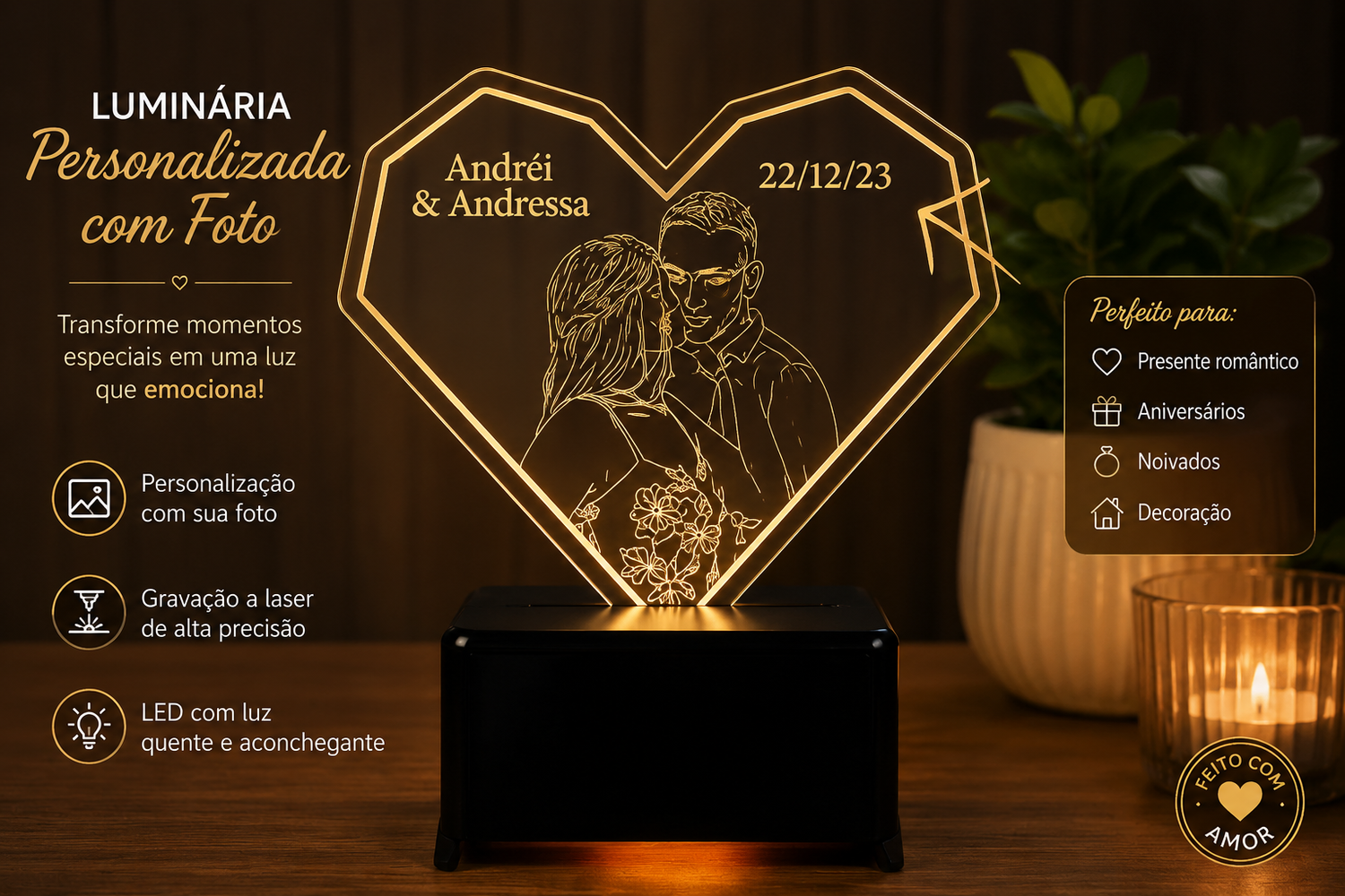Luminária LED Personalizada com Foto – Presente Romântico Exclusivo