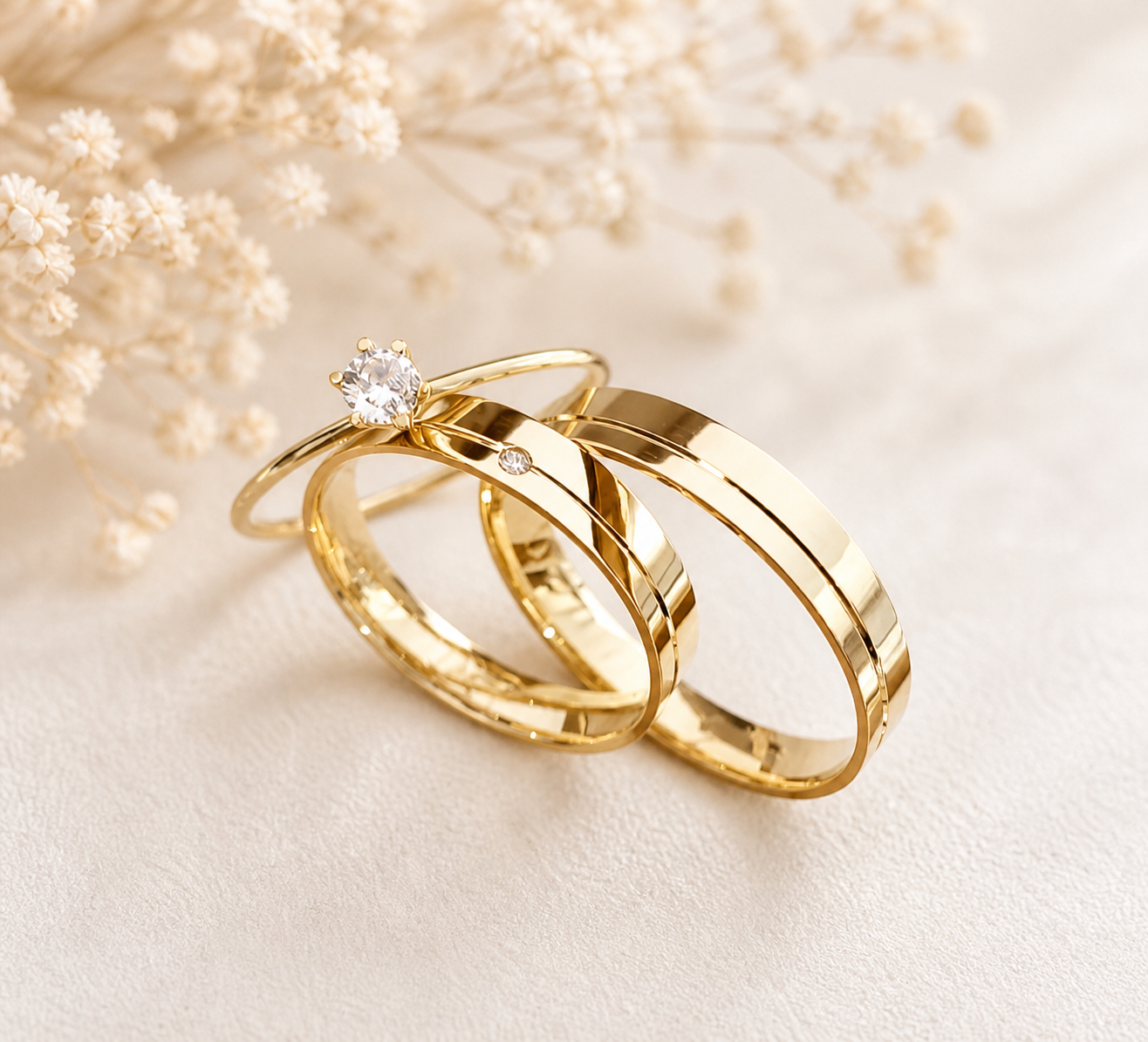 Alianças Grécia Casamento Banhado a Ouro 18k + Anel Solitário