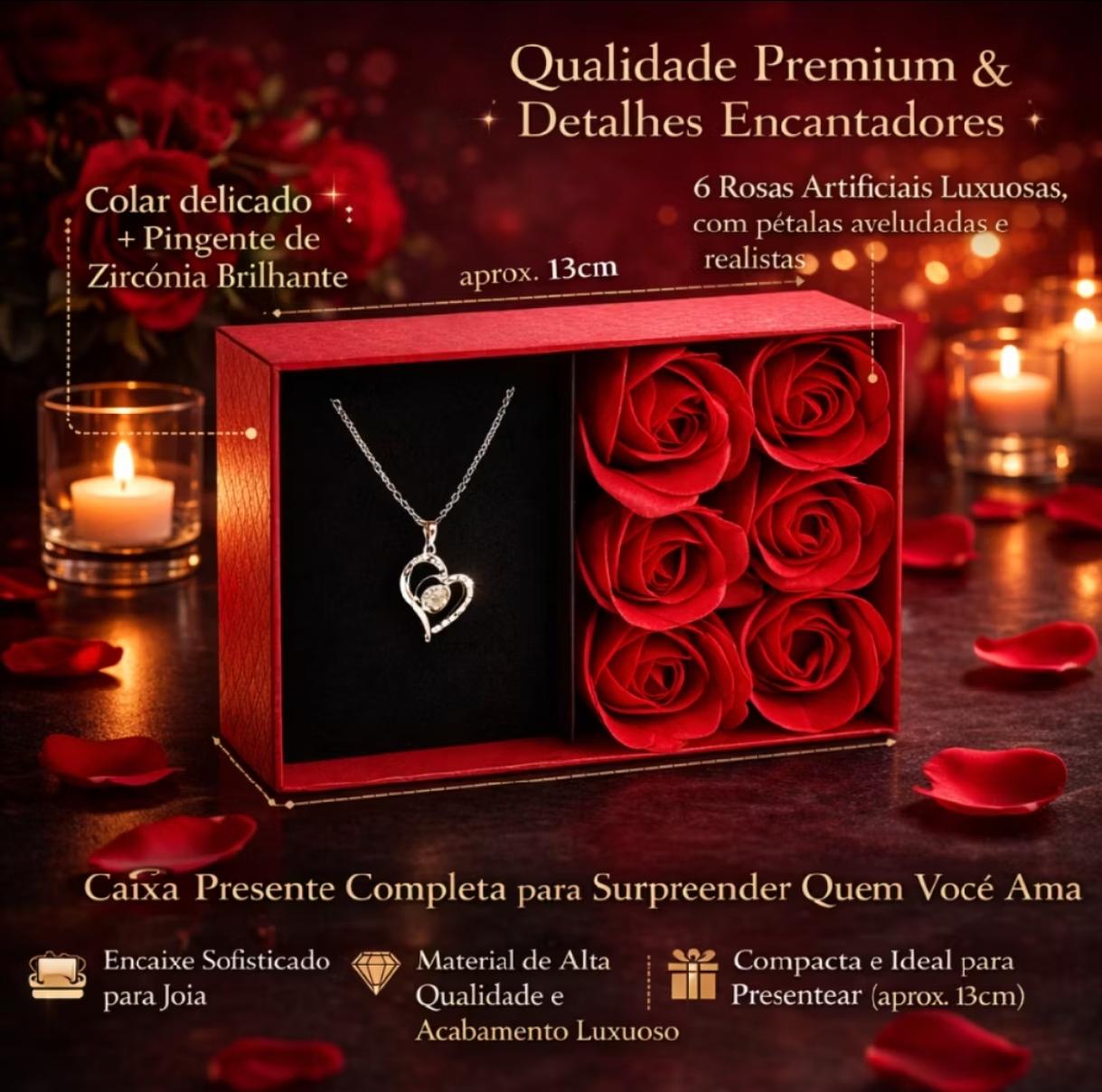 Presente Caixa de Rosas com Colar Eu te Amo